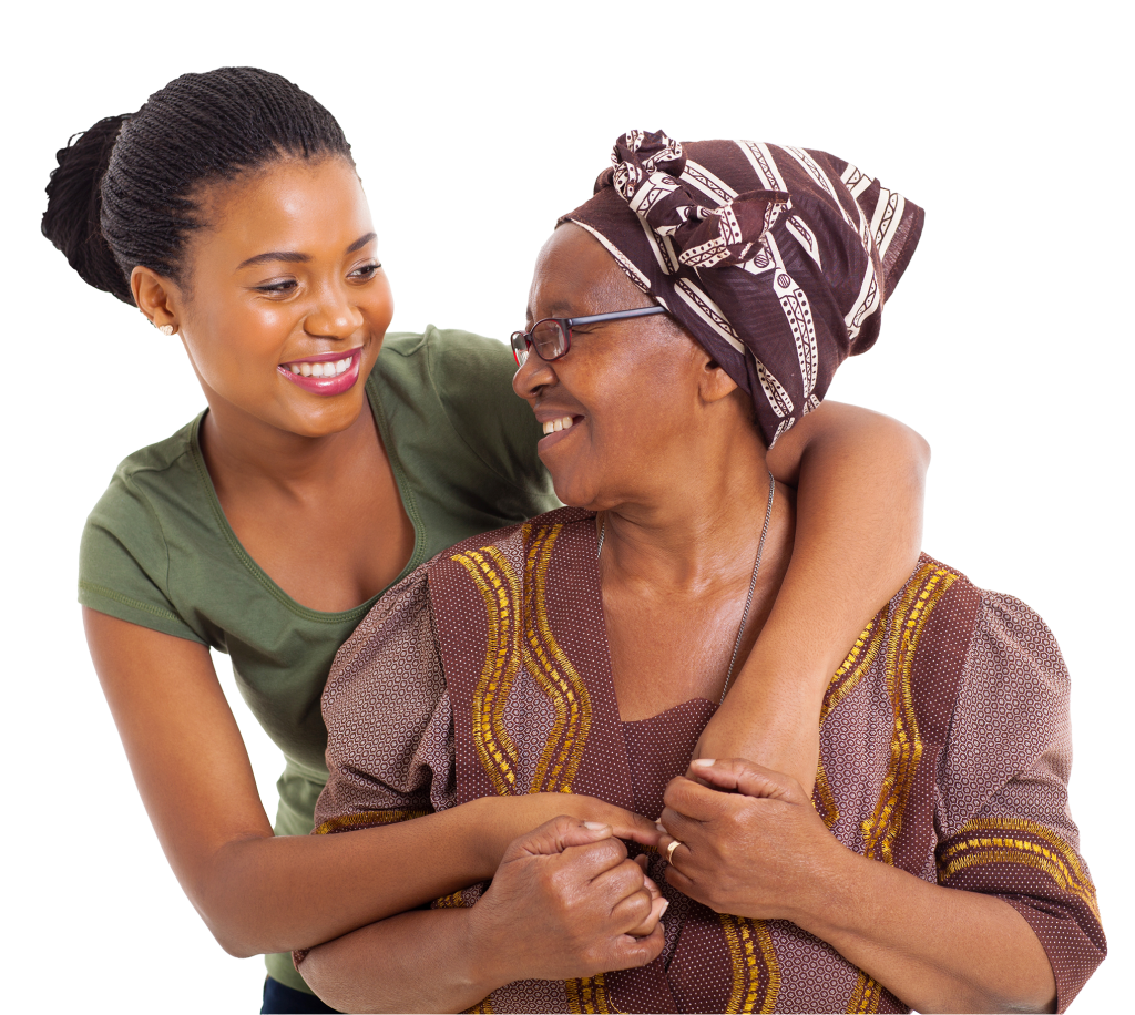 young adult hugging older woman